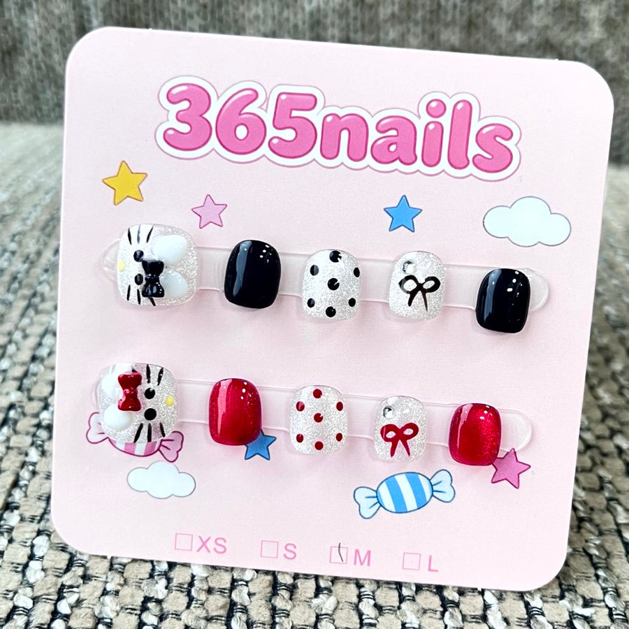365nails: "Kitty's Bow" – 3D 수제 캐릭터 달콤한 숏 스퀘어형 네일