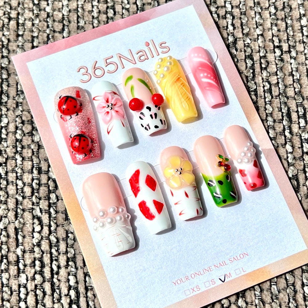 365nails: "Fruity Garden Picnic" – Handmade Medium Square Press-On Nails