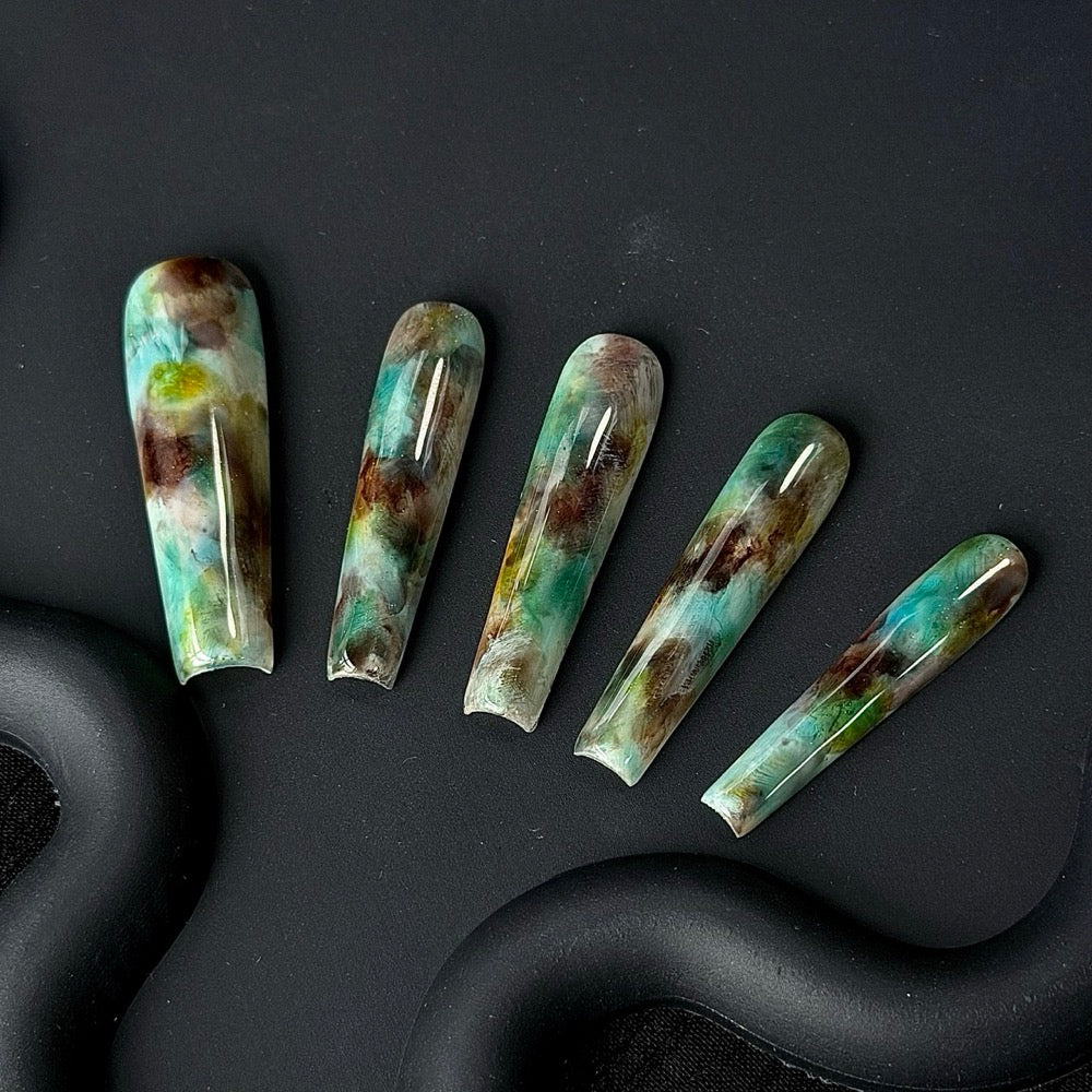 Short Coffin Green Brown Swirl Jelly Press-On Nails