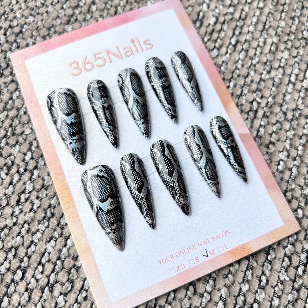 Femme Fatale: "Metallic Python" – Black & Silver Chrome Snakeskin Print Long Stiletto Nails