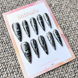 Femme Fatale: "Metallic Python" – Black & Silver Chrome Snakeskin Print Long Stiletto Nails