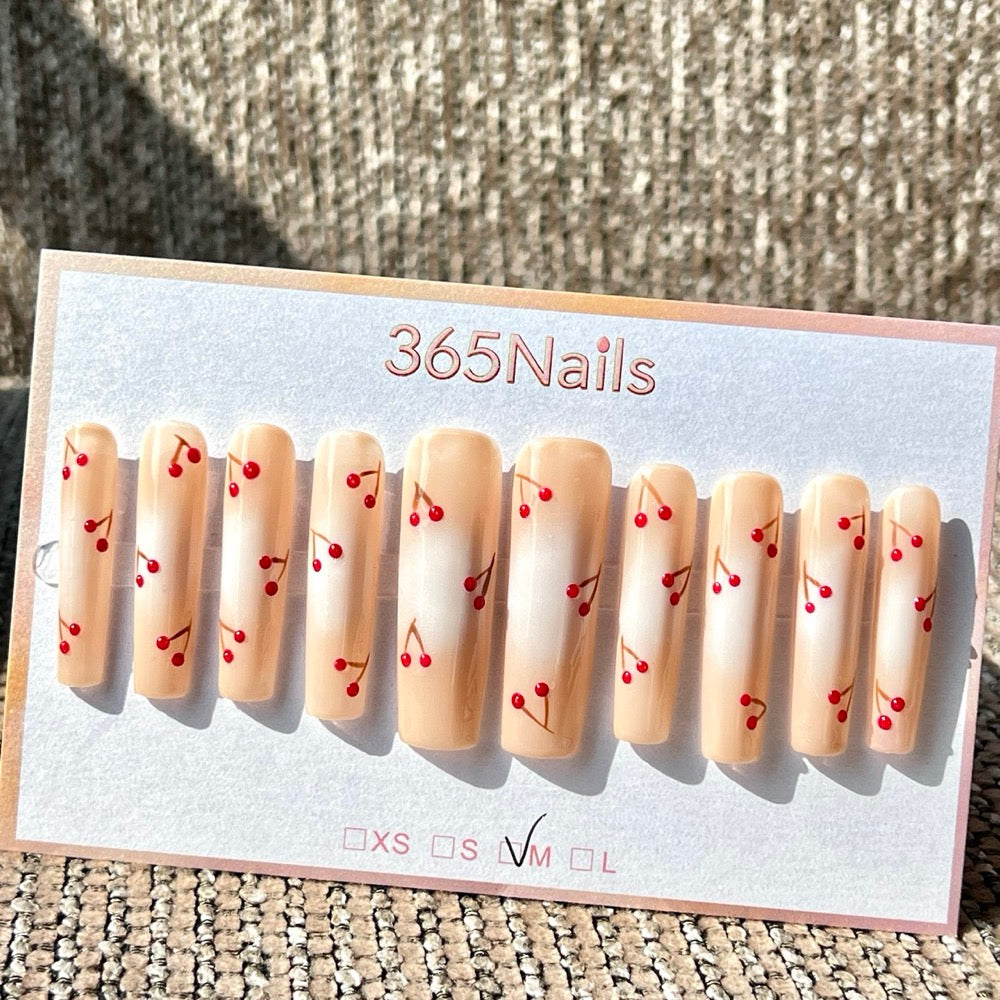 365nails: "Cherry Blush Airbrush" – Unhas Longas Stiletto Cereja Aerografadas à Mão
