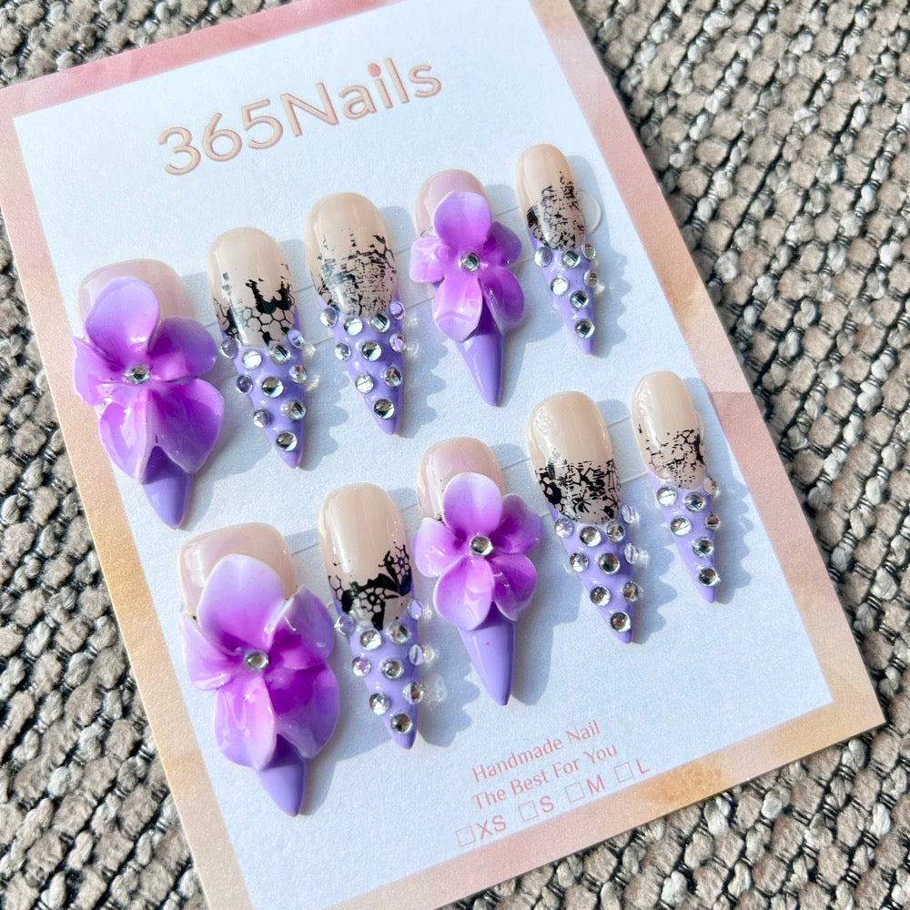 Sculpted Flora: "Purple Lace Elegance" – 3D Purple Floral & Black Lace French Rhinestone Long Stiletto Nails