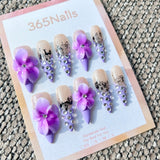 Sculpted Flora: "Purple Lace Elegance" – 3D Purple Floral & Black Lace French Rhinestone Long Stiletto Nails