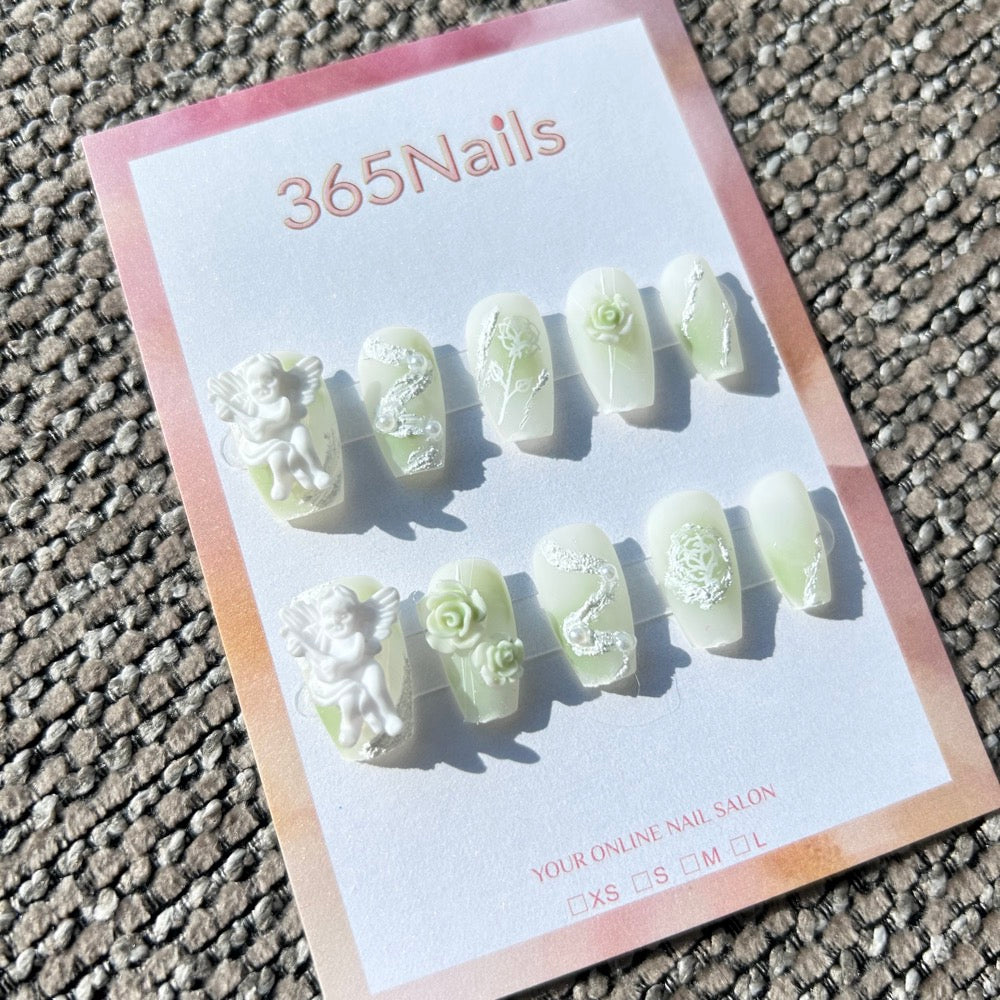 Sweet & Dopamine: "Sage Angel's Garden" – Milky Green Ombre, 3D Cupid Relief, Sculpted Rose, Pearl & Silver Texture Press-on Nails