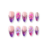 Nude pink and purple tiger stripe French style × 3D flower rhinestone press on nail