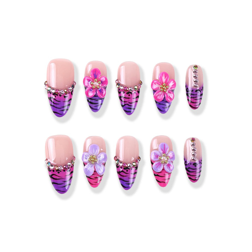 Nude pink and purple tiger stripe French style × 3D flower rhinestone press on nail