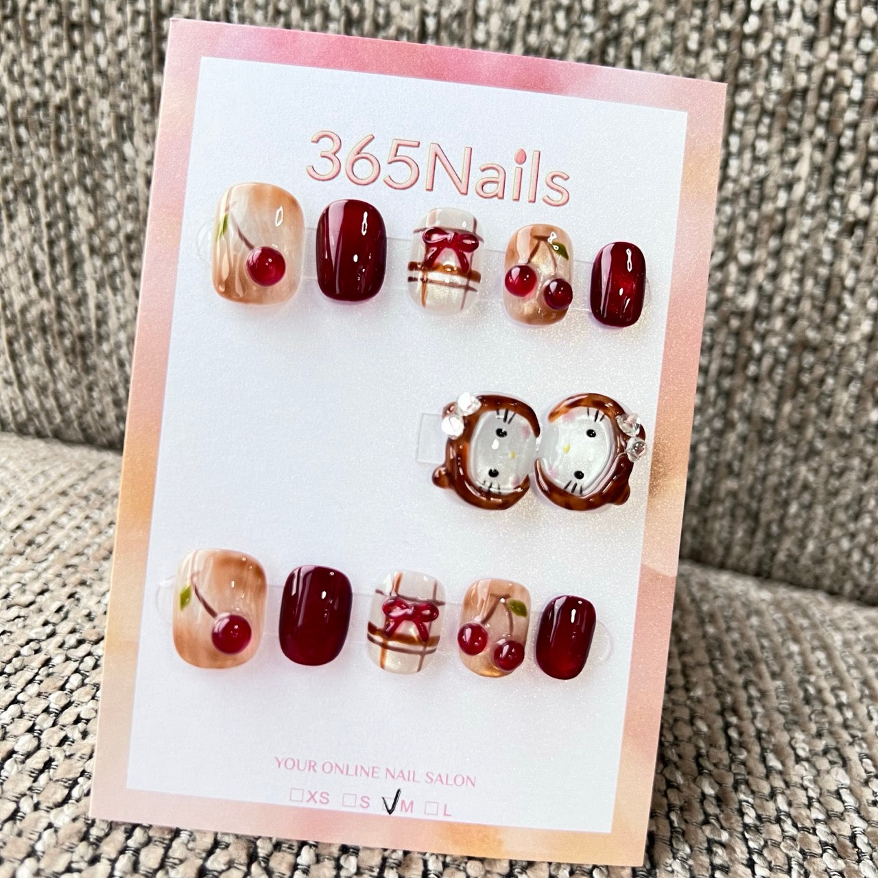 365Nails: "Cherry Maruko-chan" – handmade press-on nails (Candy Series/Cute Cartoon Style)