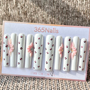 365nails: "White Pink Leopard Flower Rhinestone Long" – Handmade Long Trapezoid Press-On Nails