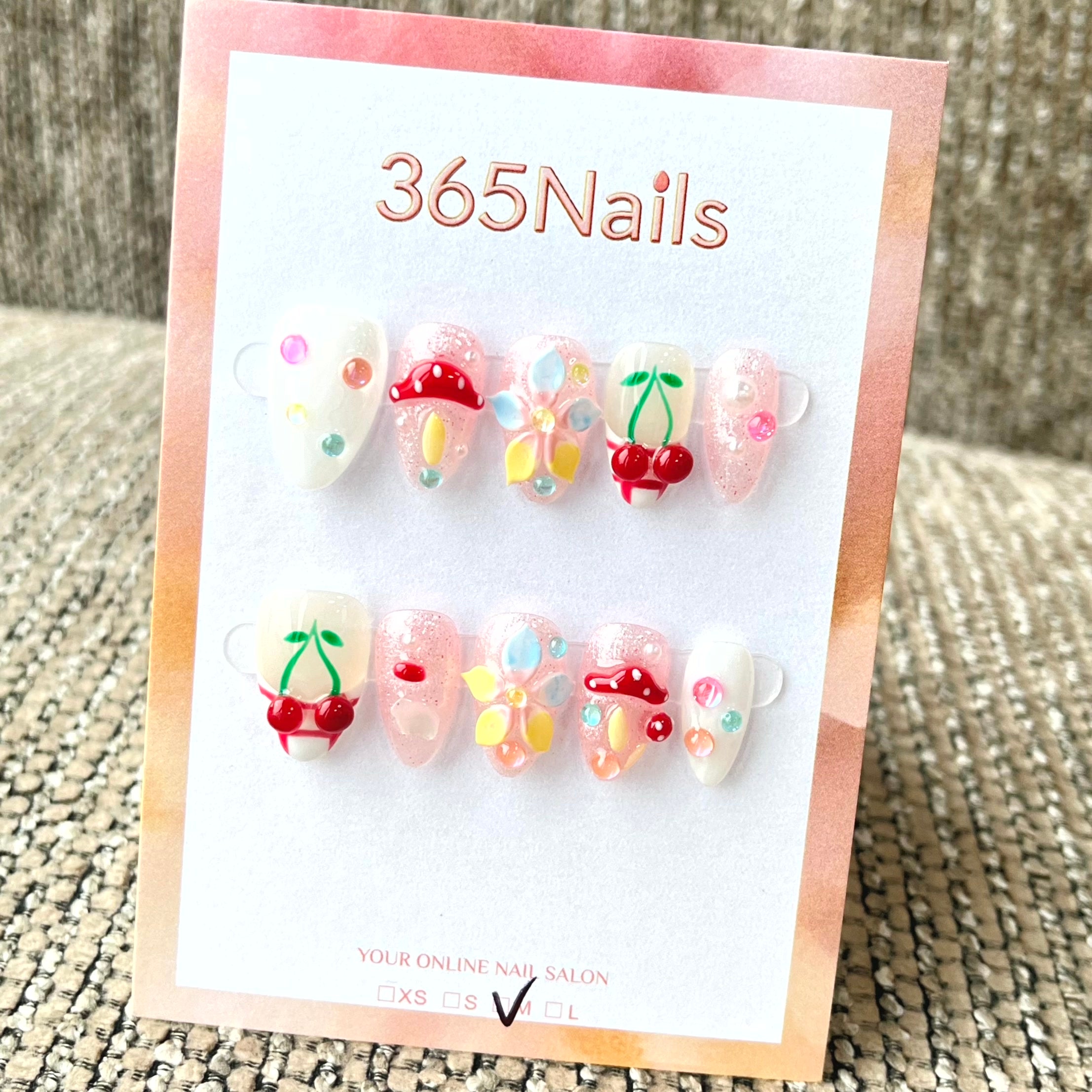 365nails: "Fairy Garden" – 3D Mushroom & Cherry Handmade Short Square Nails