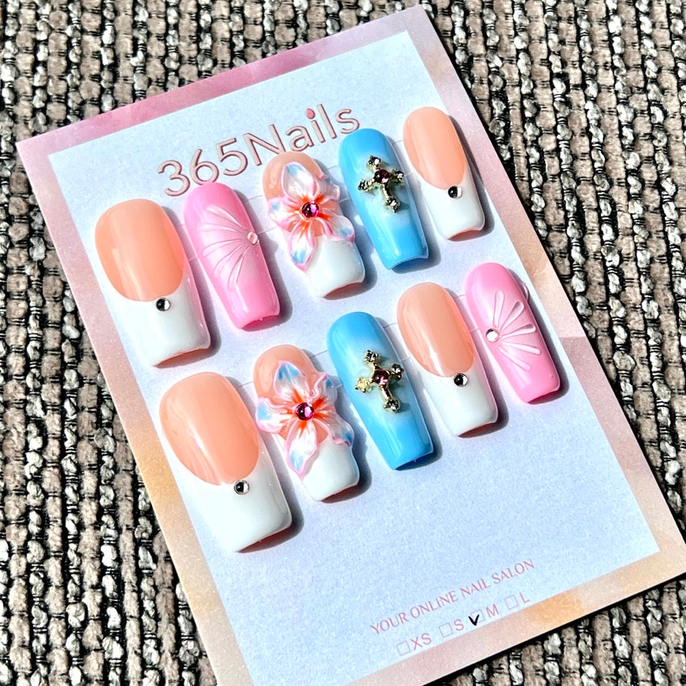 365nails: "Pastel Tropical Bloom" – Handmade Medium Square Press-On Nails