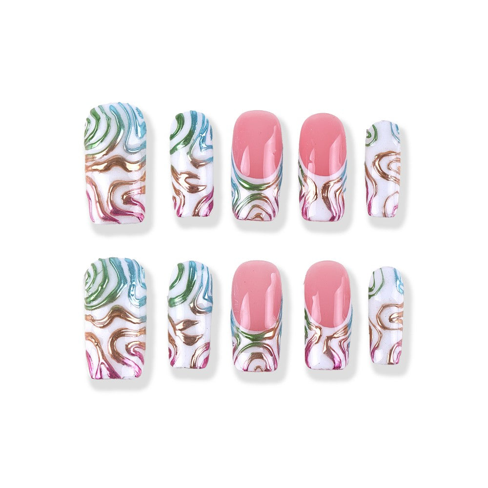 Milky white with flowing patterns × jelly powder French style Press On Nail