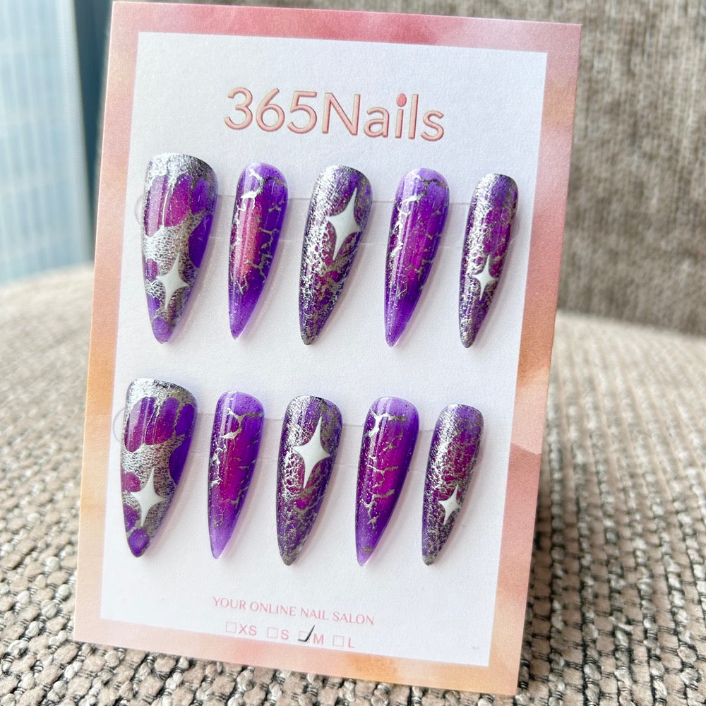 Femme Fatale: "Nebula Glitch" – Deep Purple Marble with Silver Crackle & White Stars Long Stiletto Nails