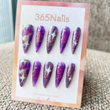 Femme Fatale: "Nebula Glitch" – Deep Purple Marble with Silver Crackle & White Stars Long Stiletto Nails