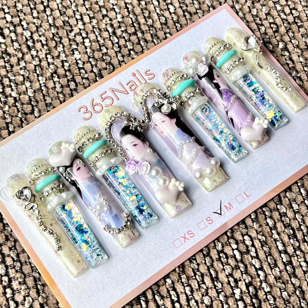 365nails: "Pastel Hanfu Maiden" – Handmade Liquid Motion Press-On Long Pipe Nails-5.5cm