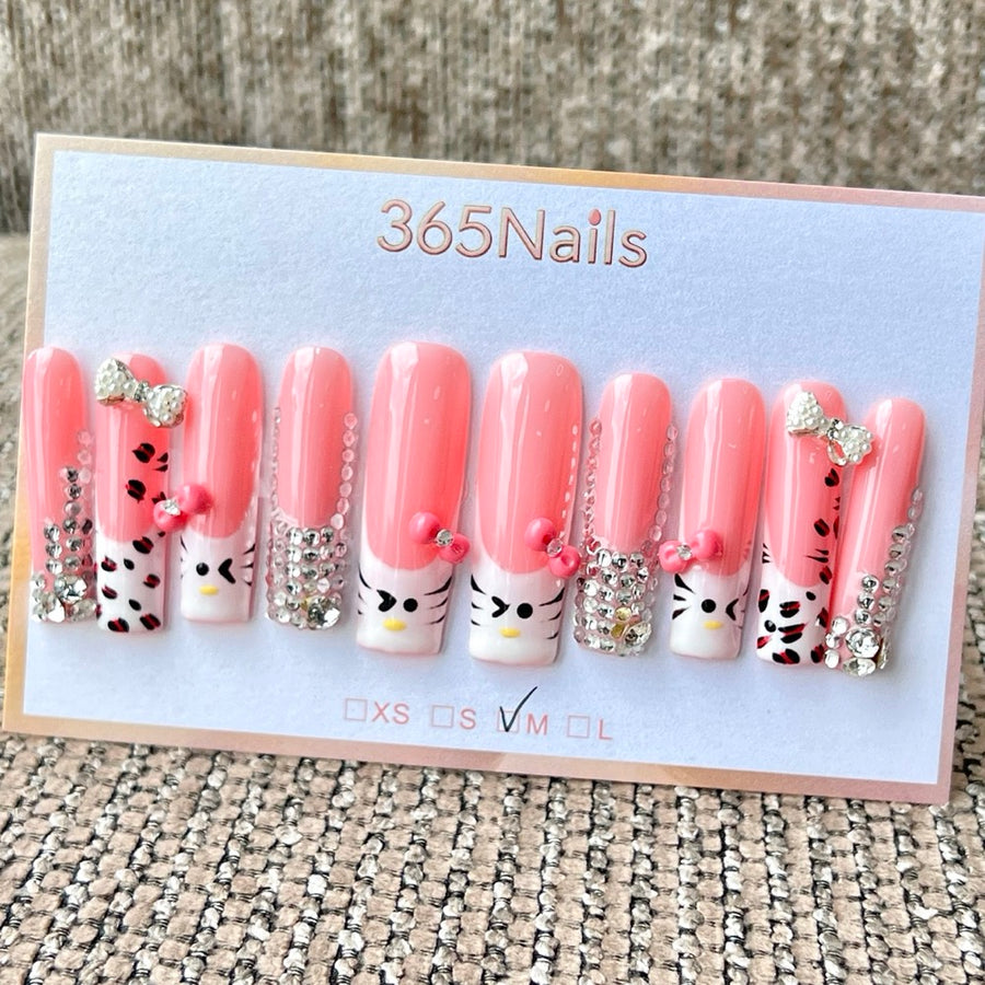 365nails: "Kitty's Dream" – 3D Character & Rhinestone Handmade Square Nails