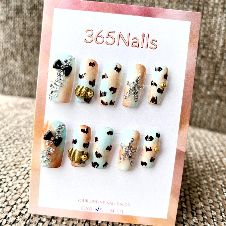 Chic Leopard: "Mint Cow Print Bow" – Long Coffin Press-on Nails