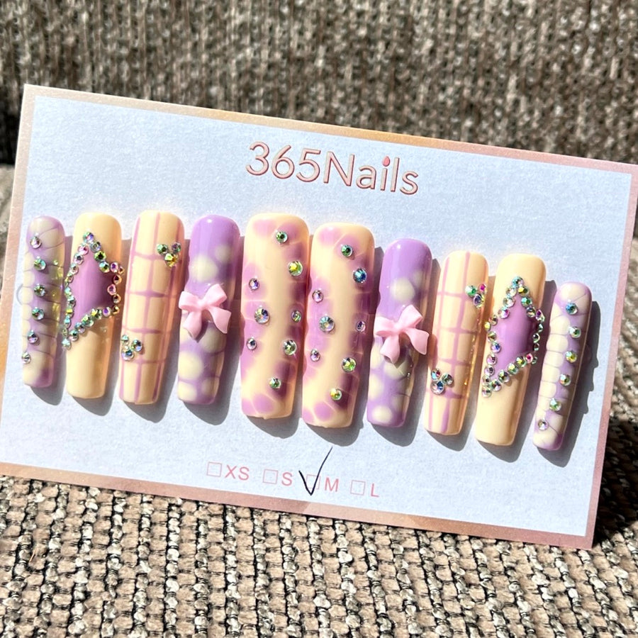 365nails: "Lavender Bow" – 3D Ribbon & Rhinestone Handmade Coffin Nails