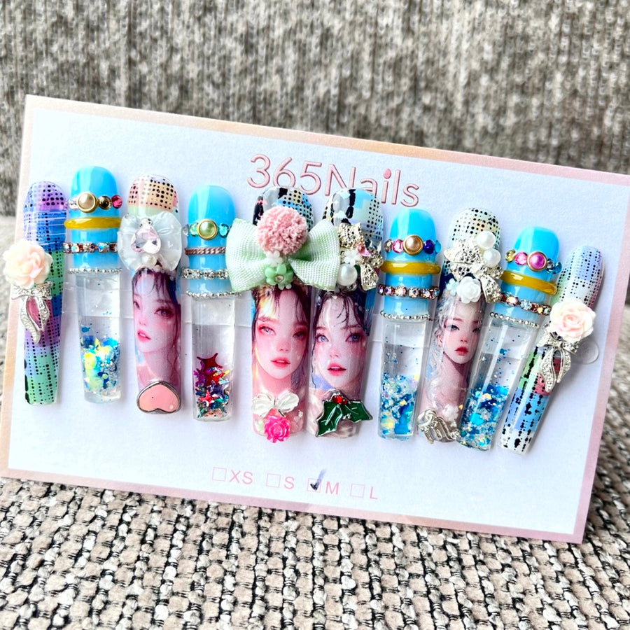 365nails: Enchantement bleu – ongles forme coffin personnage 3D fait main - 5.5cm