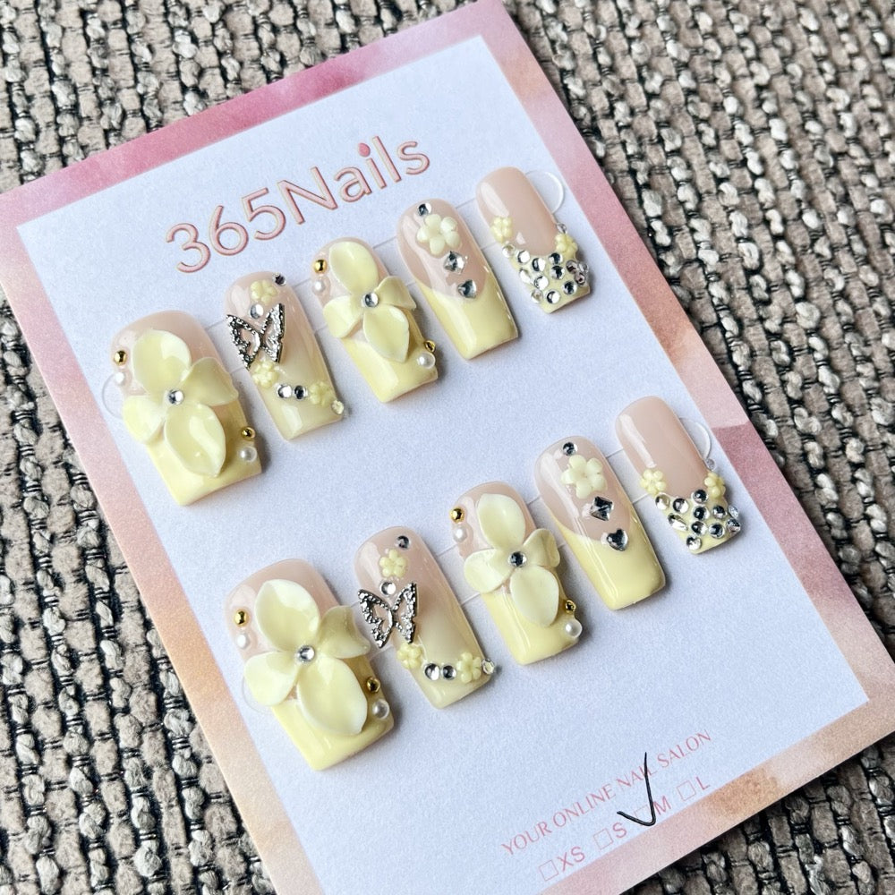 365nails: "Lemon Chiffon" – Unhas Postiças Artesanais de Amêndoa com Florais 3D
