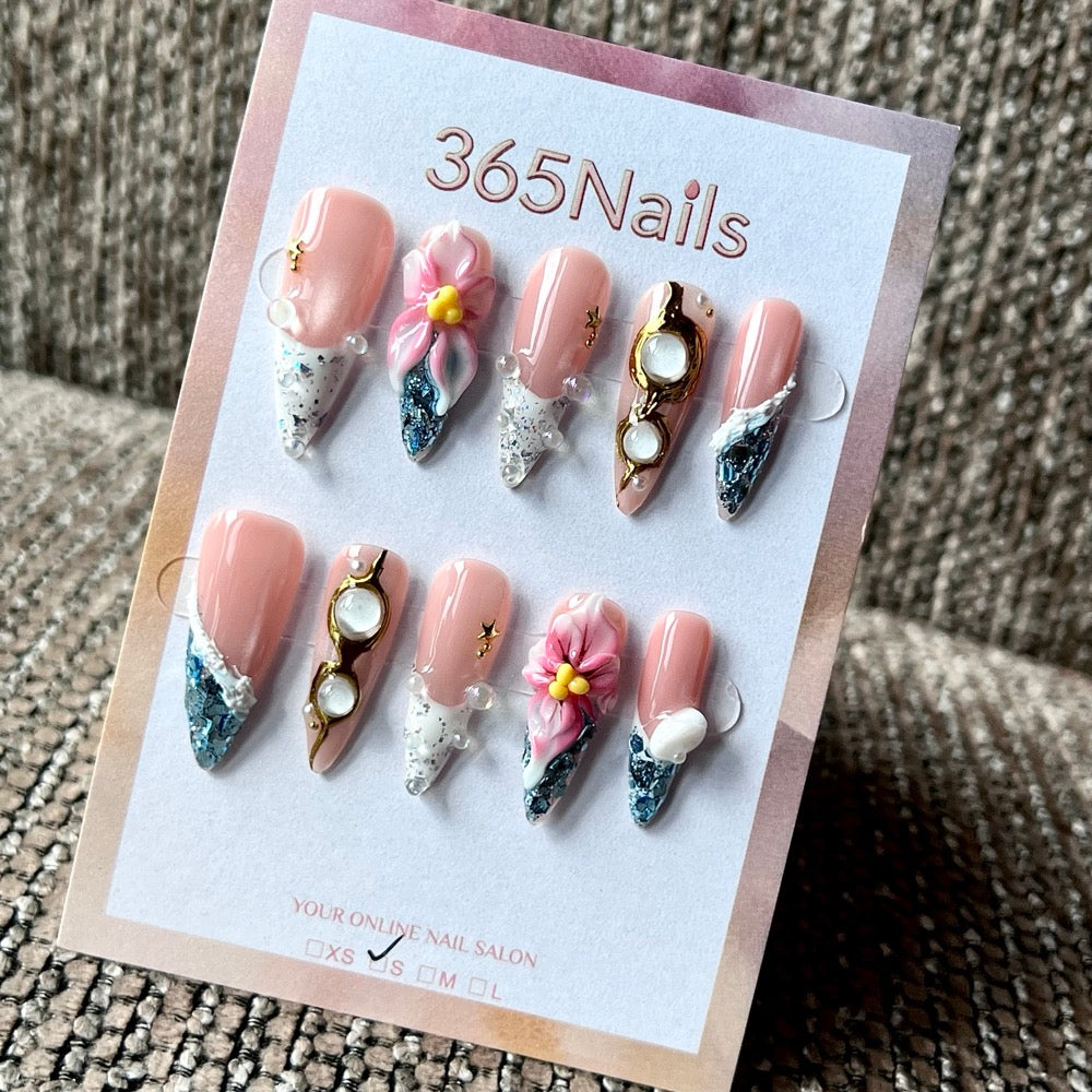 Chrome Blossom - Silver Pink 3D Floral Press-On Nails
