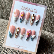 Chrome Blossom - Silver Pink 3D Floral Press-On Nails