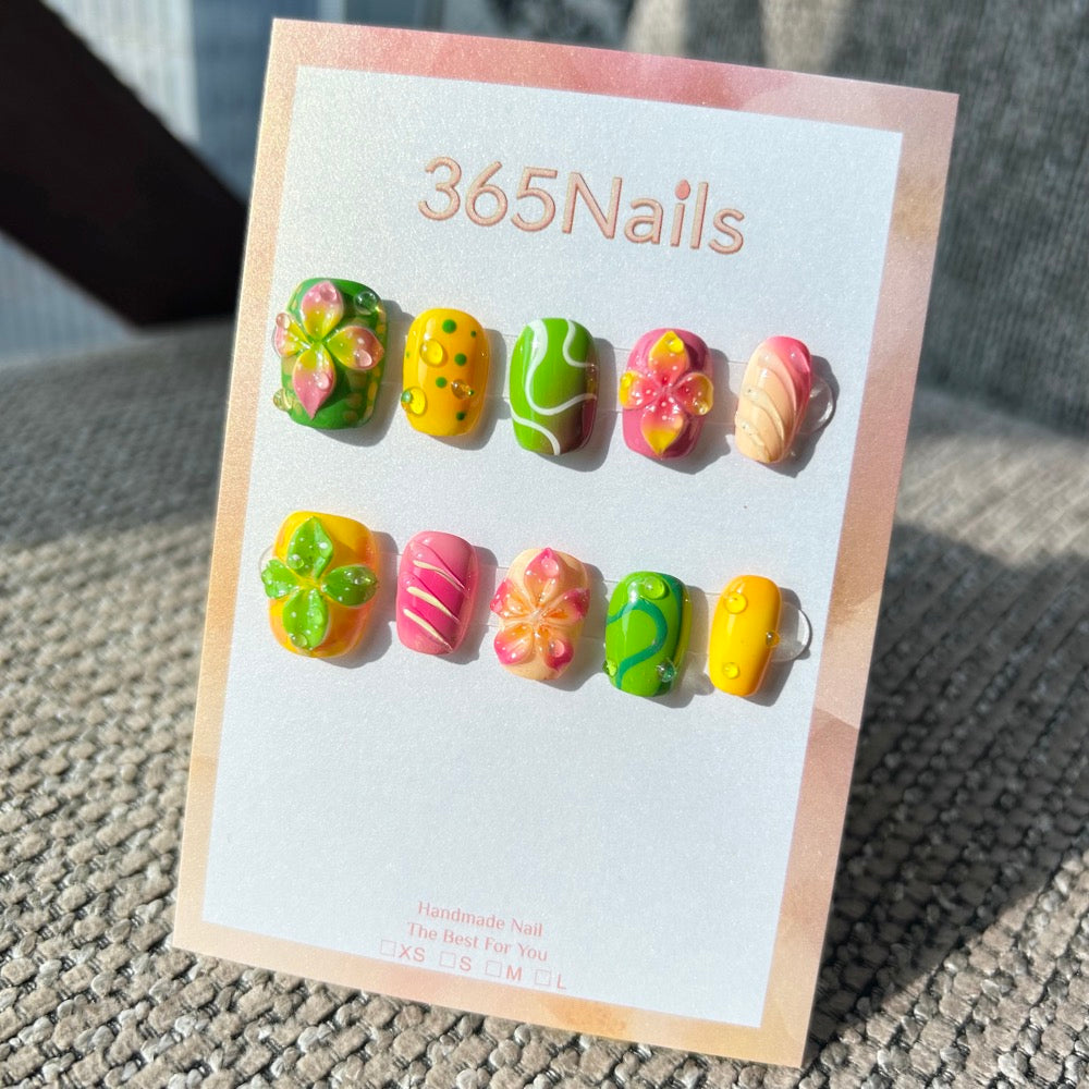 Handmade "Tropical Sherbet" 3D Floral Press-on Nails | Ombré Petals & Swirls | Short Square | 10pcs Set