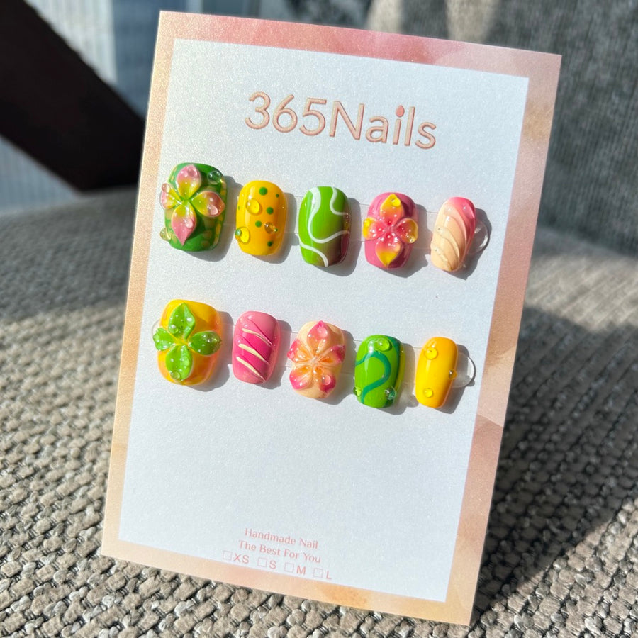 Handmade "Tropical Sherbet" 3D Floral Press-on Nails | Ombré Petals & Swirls | Short Square