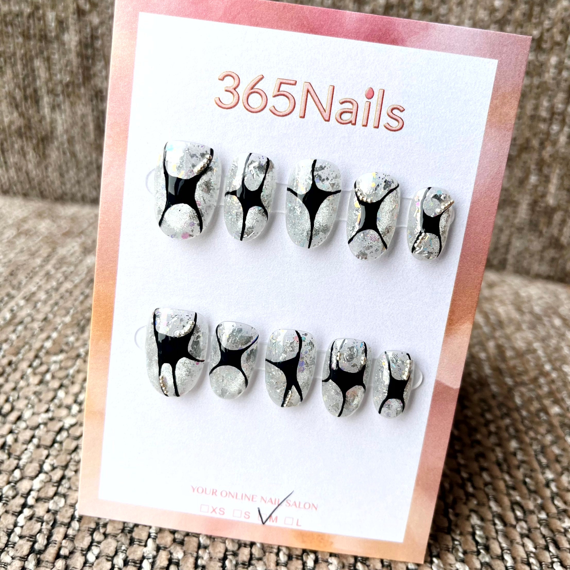 365nails: "Liquid Metal" – Abstract Black & Silver Chrome Handmade Short Square Nails