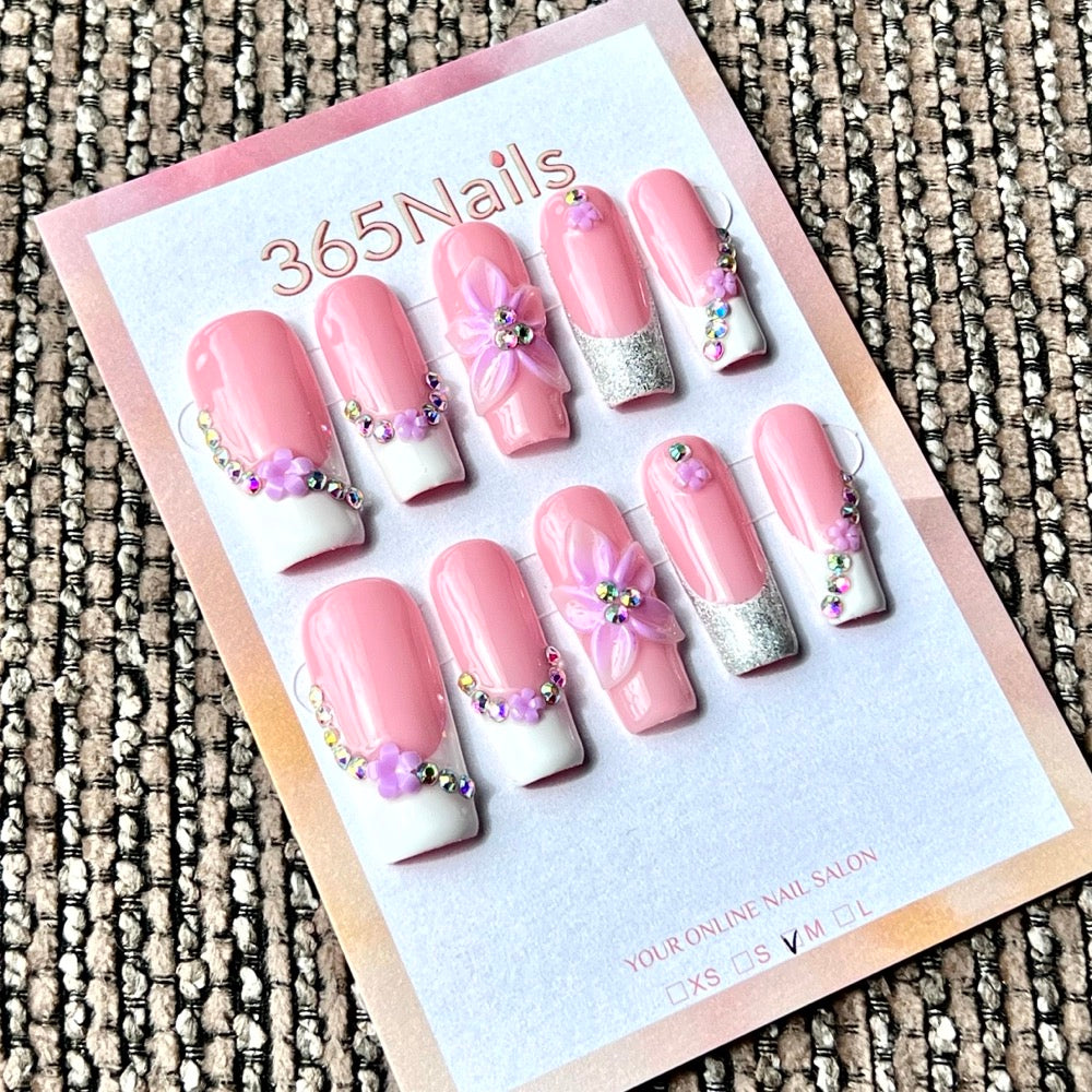 365nails: "Pink French Orchid" – Handmade Medium Square Press-On Nails