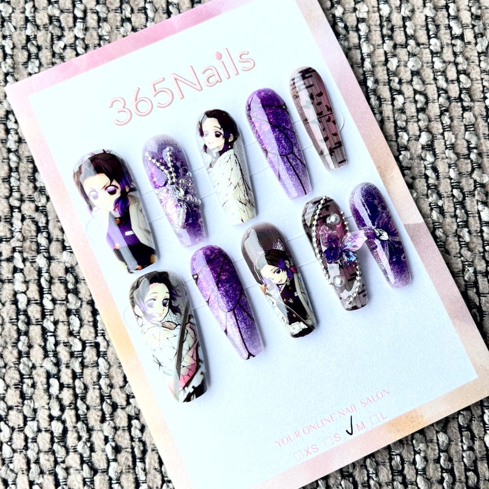 365nails: "Purple Anime Butterfly" – Handmade Medium Trapezoid Press-On Nails