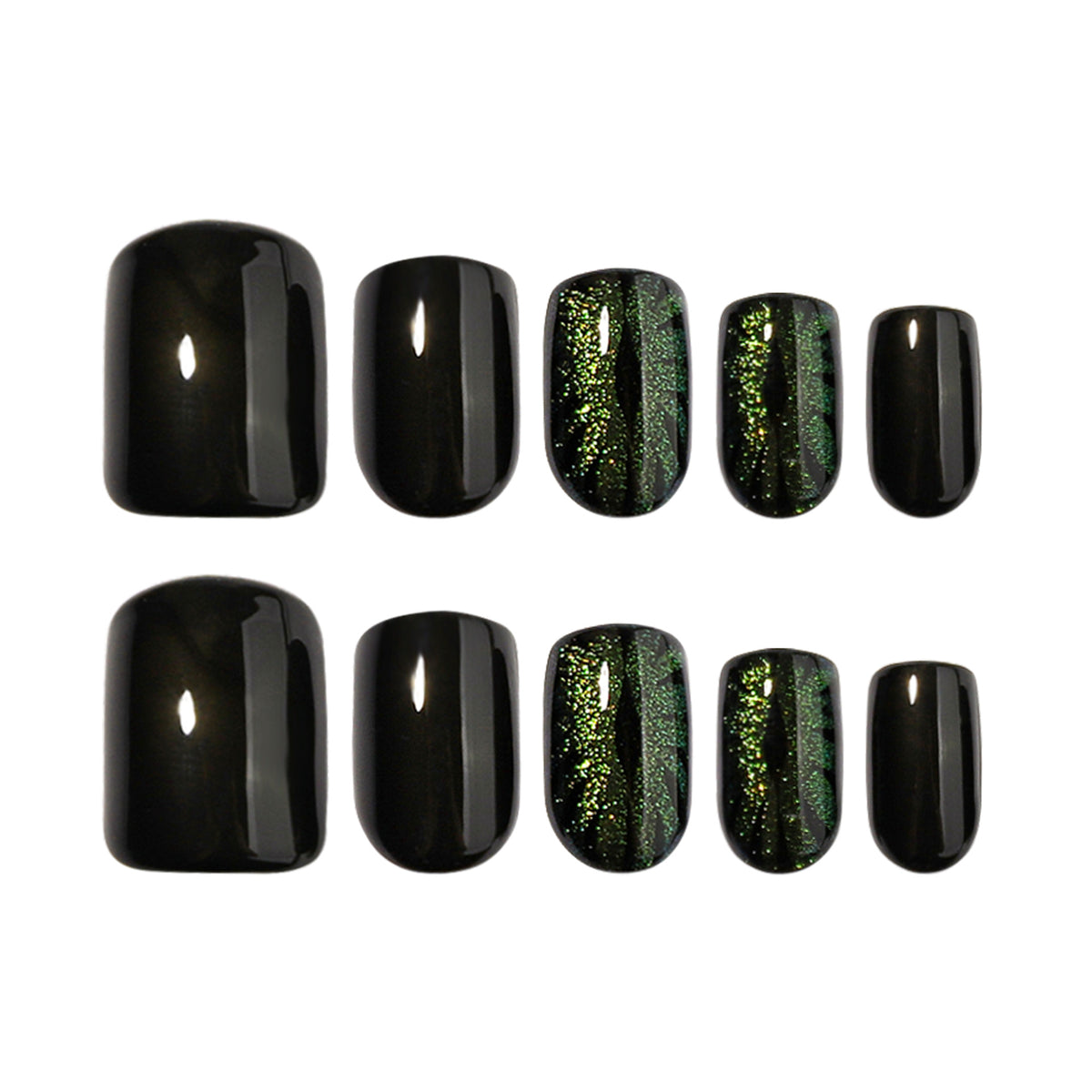 Ten black and green cat-eye press-on nails in assorted sizes