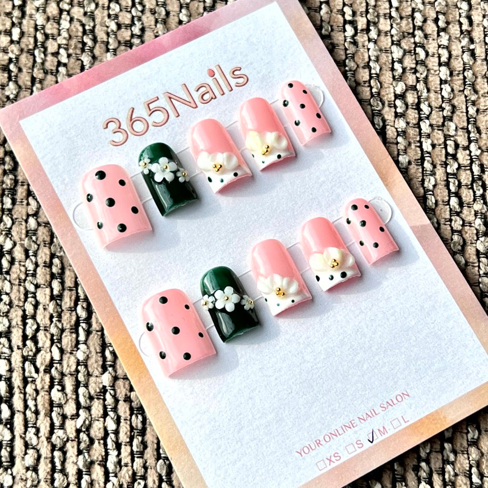 "Pink Green Polka Dot Flower" - Wholesale Ultra-Soft Flexible Fit Handmade Nails (MOQ=100)