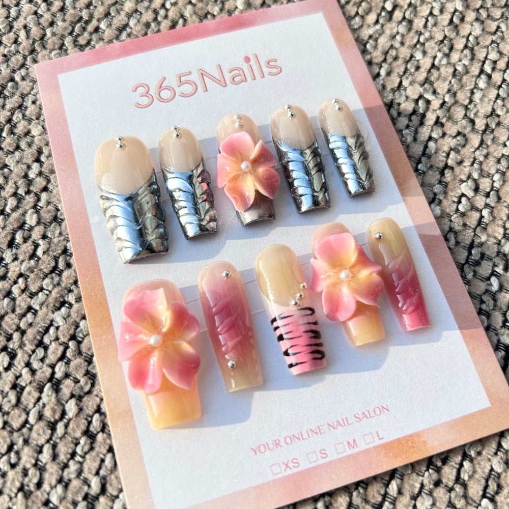 Sculpted Flora: "Cyber Petals & Sunset Zebra" – 3D Pink Flowers with Silver Chrome Armor & Gradient Animal Print