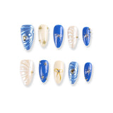 Blue and Pearl White Press-On Nails with Gold Accents and 3D Wave Design