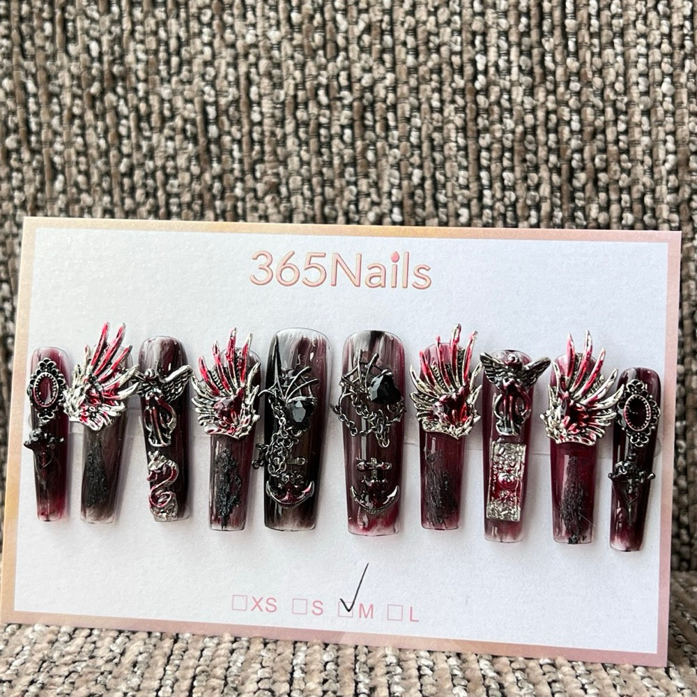 365nails: "Gothic Burgundy Wing Skull Anchor" – handmade press-on nails