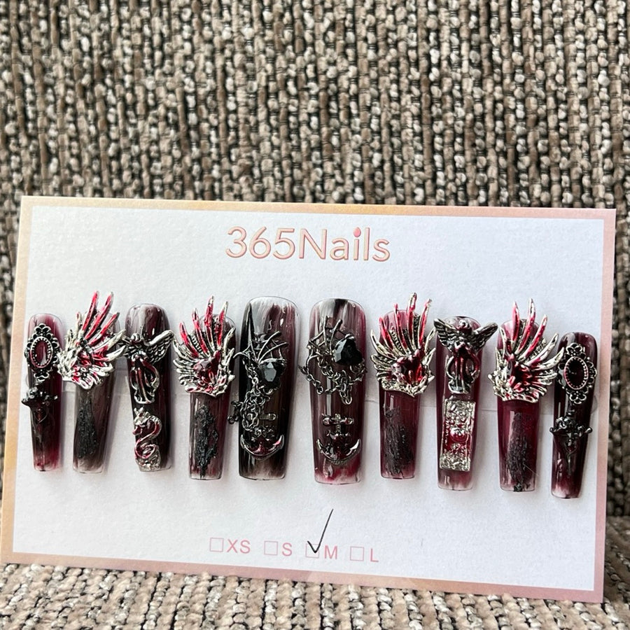 365nails 哥德風酒紅翅膀骷髏錨 手工製穿戴甲