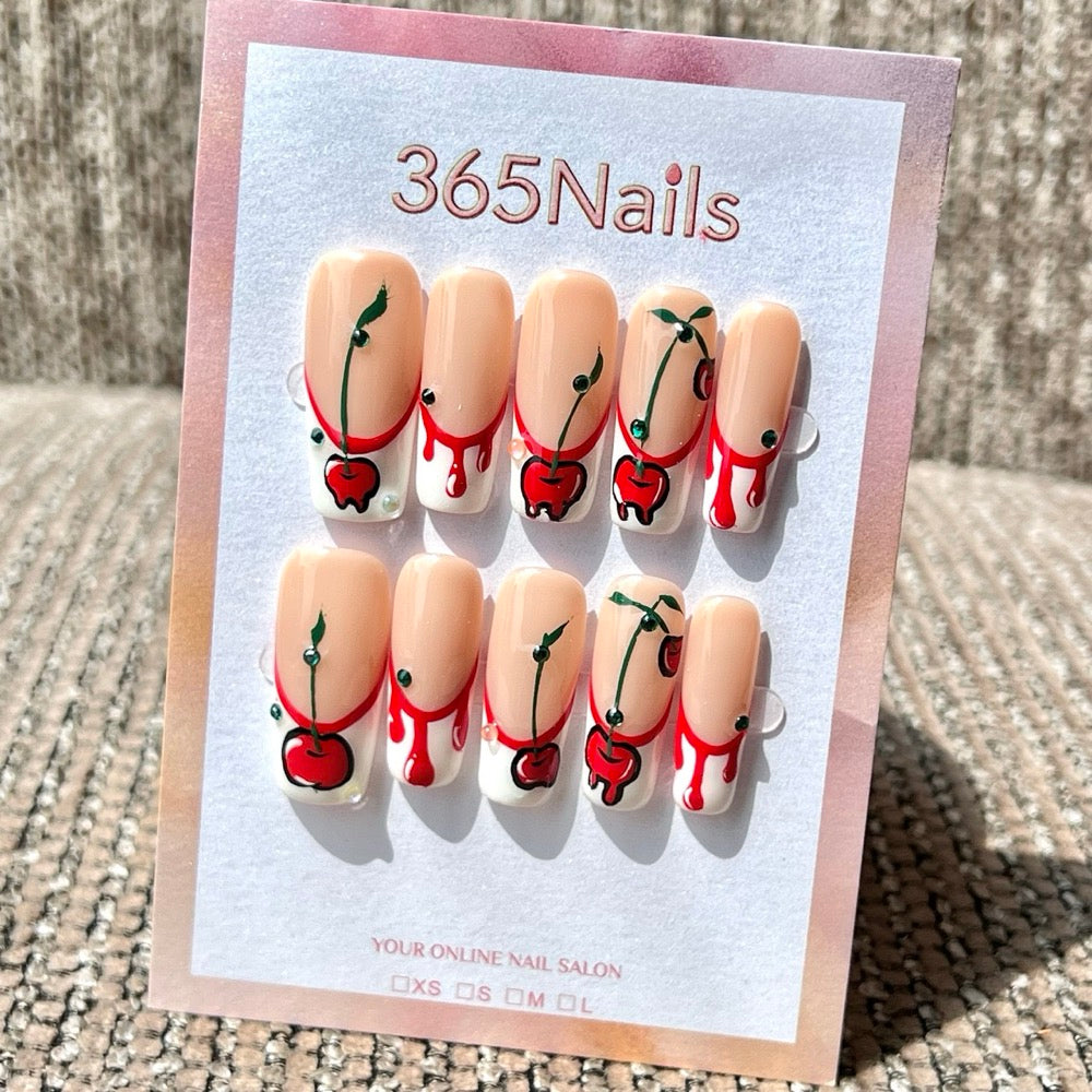 365nails: "Cherry Drip French" – Handmade Long Square Press On Nails