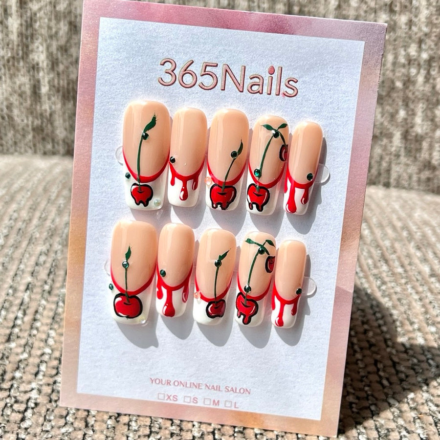 365nails: "Cherry Drip French" – Handmade Long Square Press On Nails