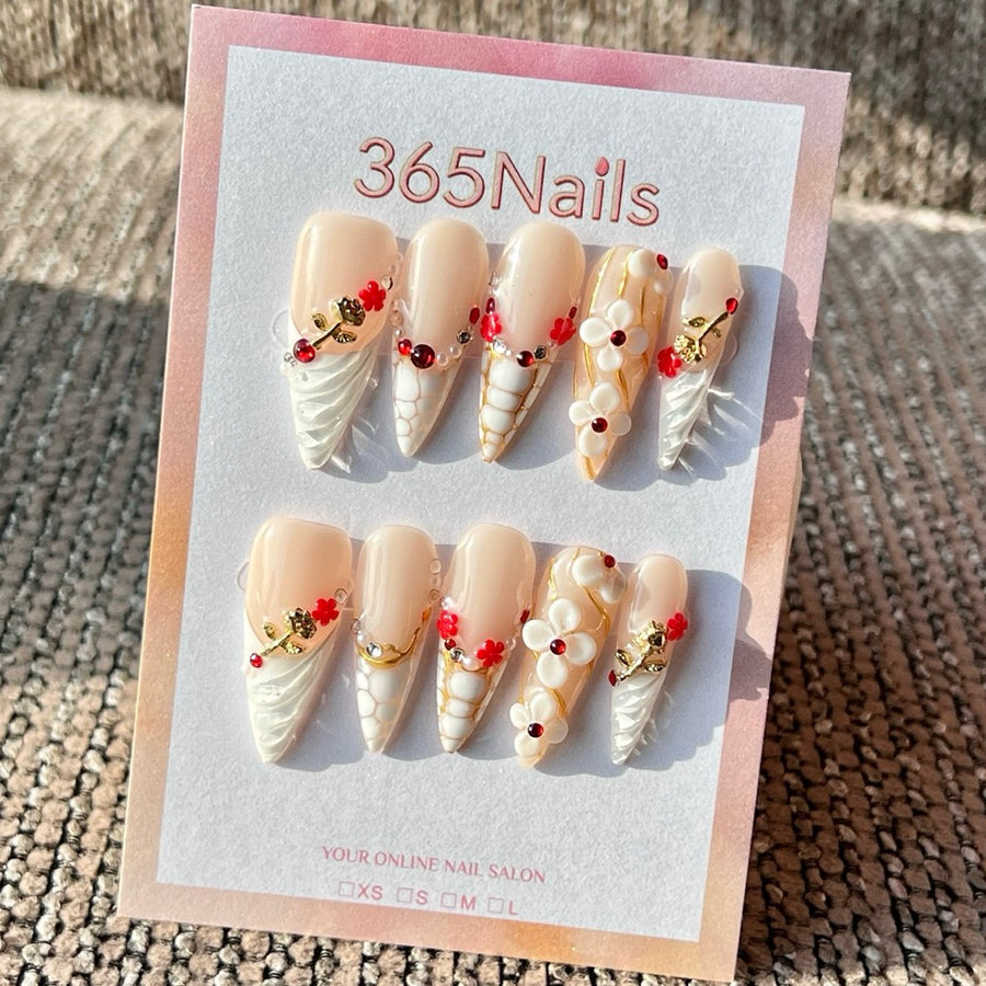 365nails: "Ivory Red Floral" – Handmade Medium Stiletto Press-On Nails