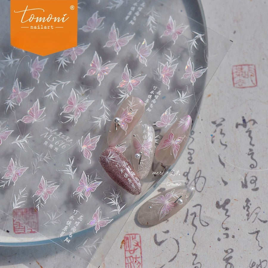 粉色全息蝴蝶指甲貼紙 - 5D 立體壓紋夢幻仙子套組