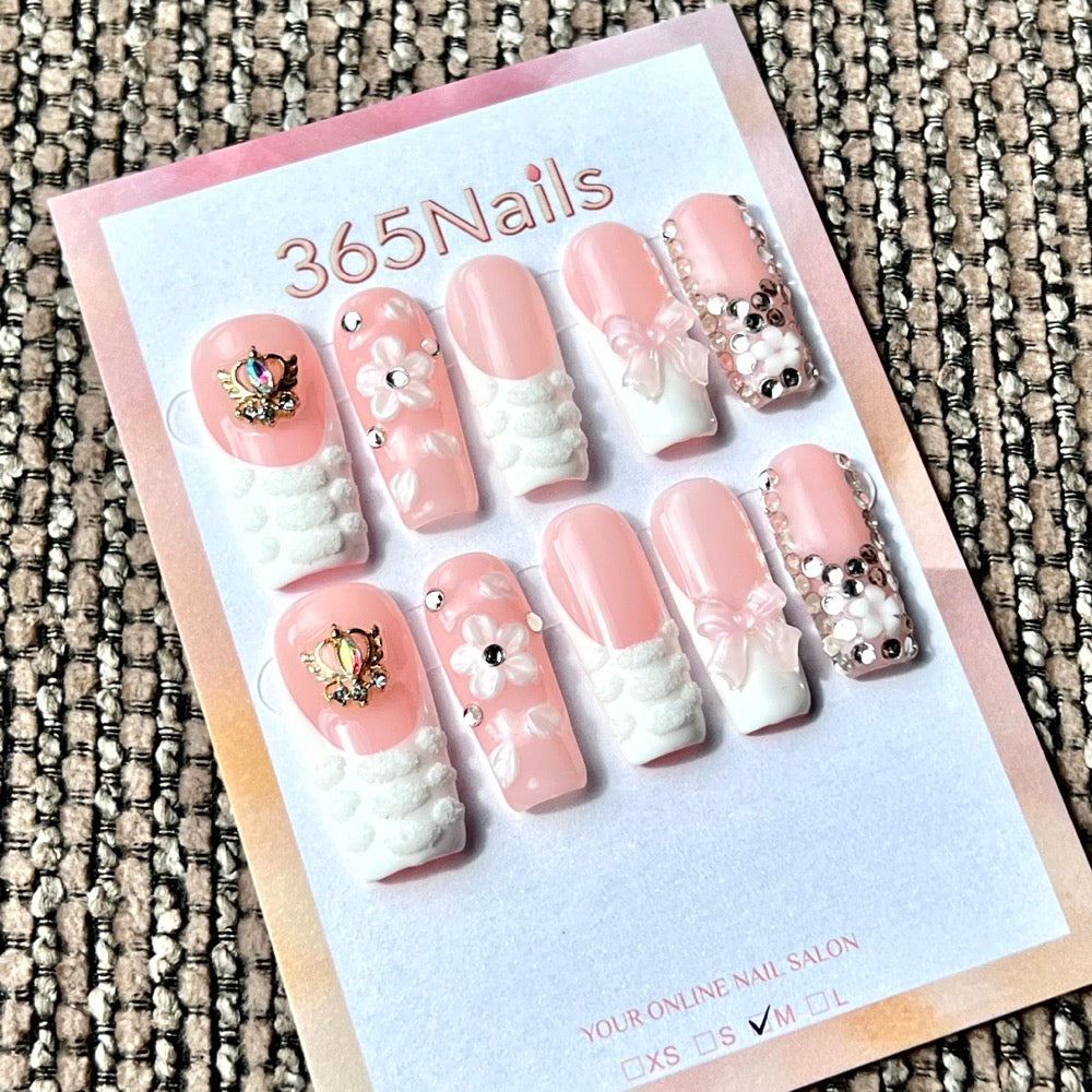 365nails: "Blush French Royalty" – Handmade Medium Square Press-On Nails