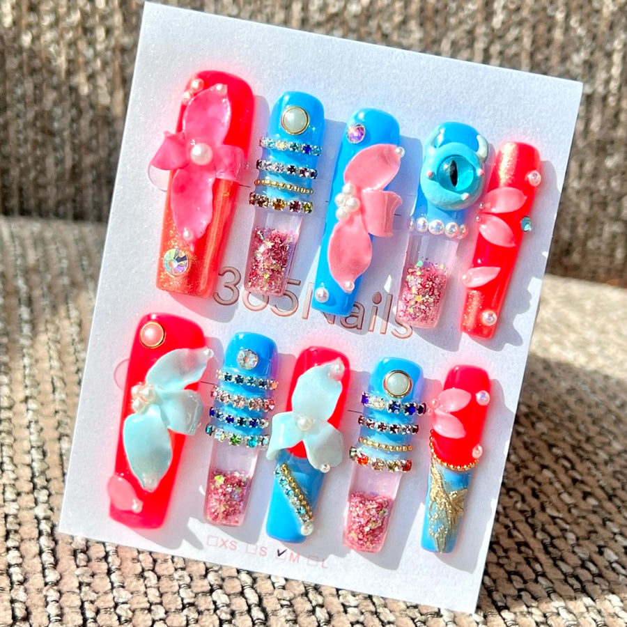 365nails: "Ocean Monster Bloom" – 수제 리퀴드 모션 프레스온 미디엄 스퀘어형 네일 - 4cm
