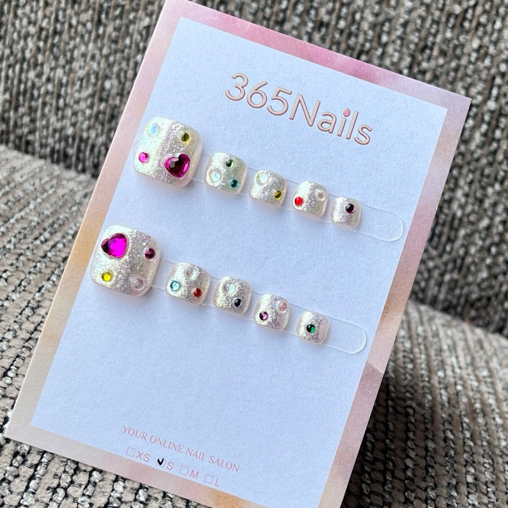 Iridescent Crystal Heart Glitter Press-On Toenails