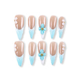 365Nails Nude Milk Tea with Glacier-Blue French Tips, 3D Florals and Embossed Lines – Elegant Long Almond Press-On Nails