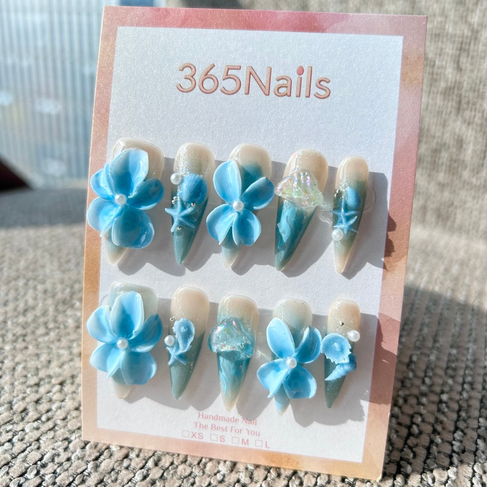 Ocean Flora: "Mermaid's Blossom" – 3D Blue Floral & Seashell Marine Long Stiletto Nails