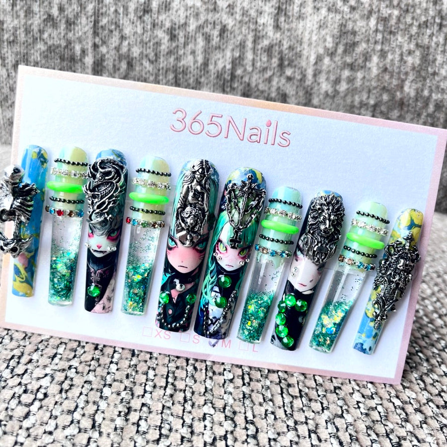 365nails: "Opéra de minuit" – ongles press-on forme coffin, fait main, art 3D figuratif -5.5cm