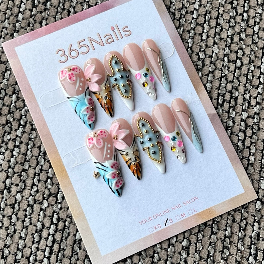 Handmade Almond Press-On Nails with 3D Charms & Floral Animal Print