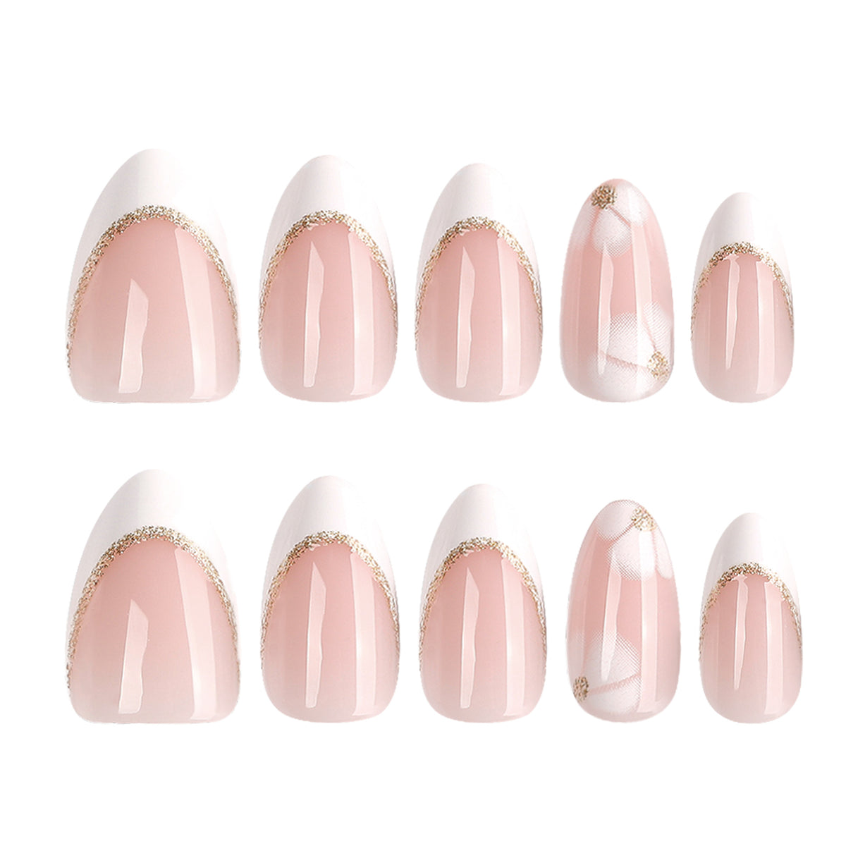Two rows of almond nails, some with white floral gold-accented designs, on white background