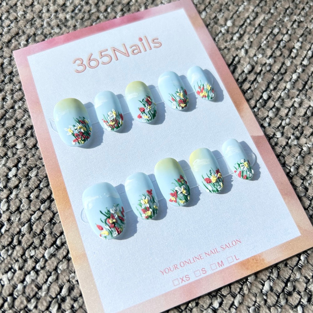 Sweet & Dopamine: "Sunny Meadow" – Sky Blue & Yellow Gradient, 3D Impasto Wildflower Field, Short Round Press-on Nails